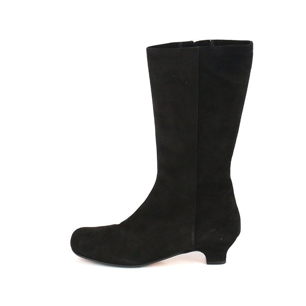 Taryn Rose Black Suede Mid-Calf Side Zip Low Heel Boots Italy